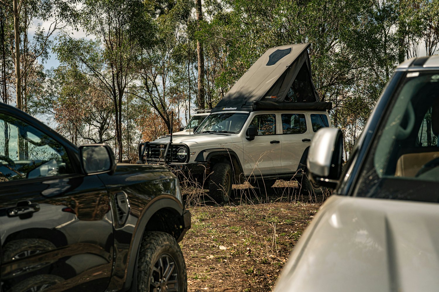 A four-wheel drive with a rooftop tent set up at a bush campsite
